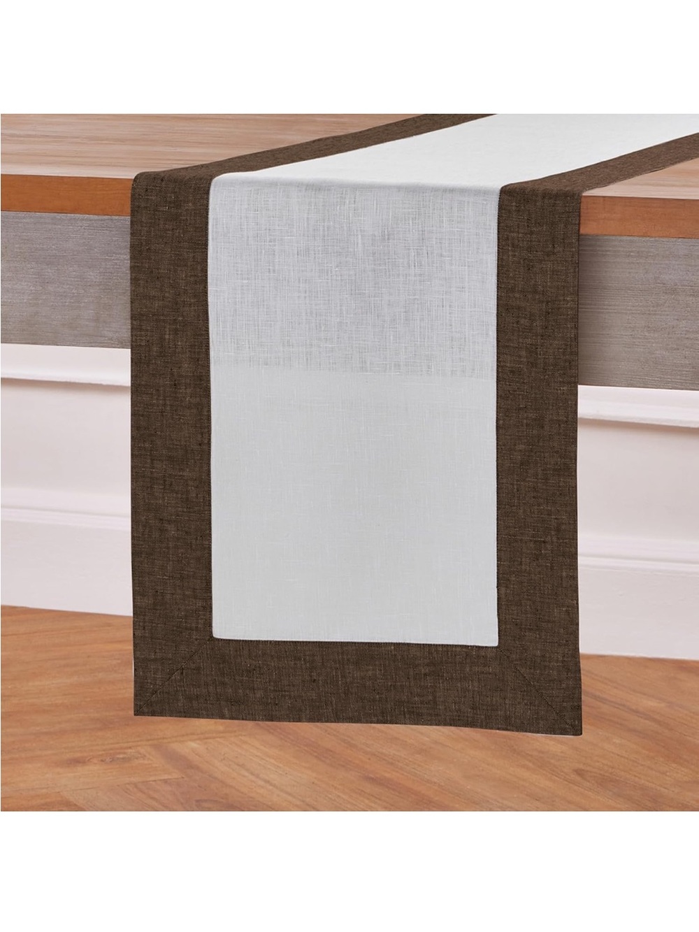 Solino Home Linen Table Runner 90 In - Chambray Brown and White 100% Pure Linen